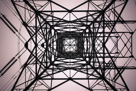 Looking Skyward Thru High Voltage Transmission Tower