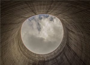 View of sky through a nuclear reactor's cooling tower