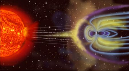 Artist Rendering of Solar Storm Hitting Earth's Magnetosphere