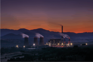 Nuclear Power Plant at Dusk with Foothills Backdrop