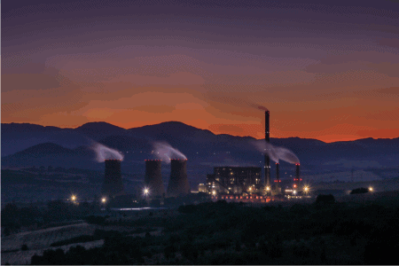 Nuclear Power Plant at Dusk with Foothills Backdrop