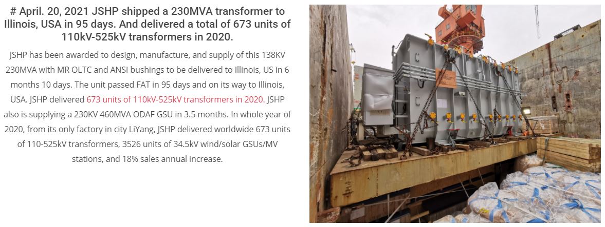 U.S. Electric Grid Continues to Import Chinese Transformers in 2020 and 2021