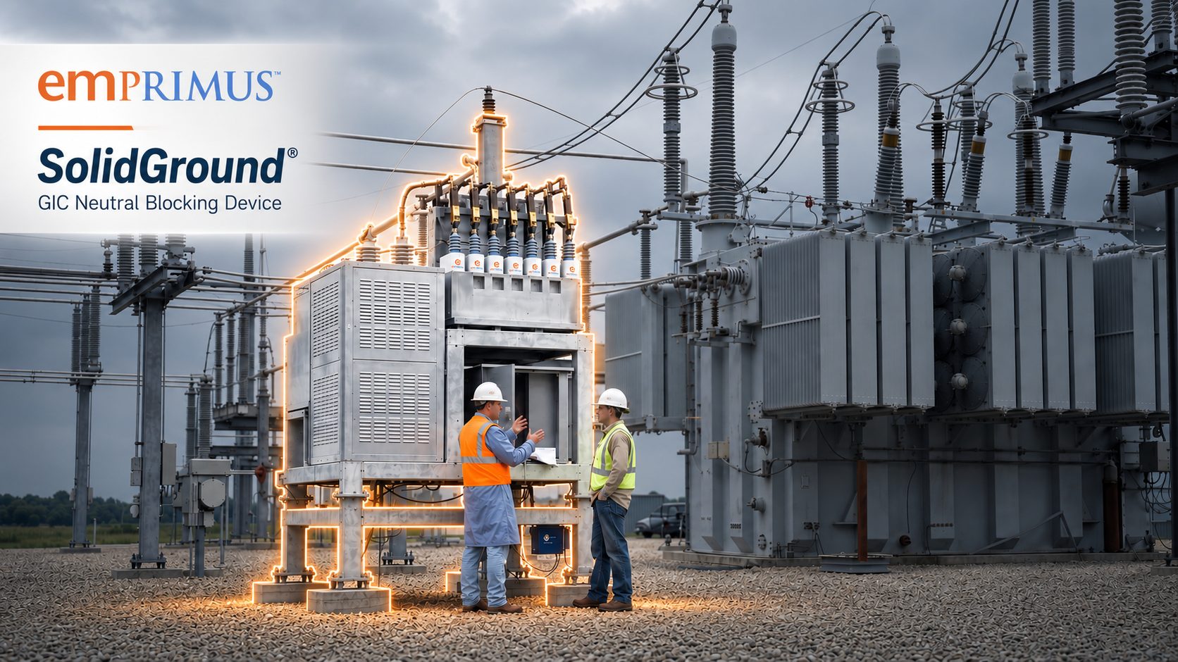 SolidGround capacitive neutral blocking system installed on a concrete pad beside a large high-voltage transformer at a working substation